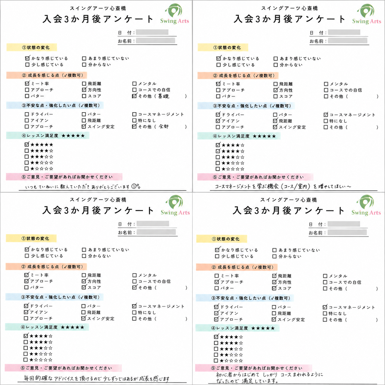 Four-panel Japanese Swing Arts membership survey form (入会3か月後アンケート) with date/name fields and checkbox sections.