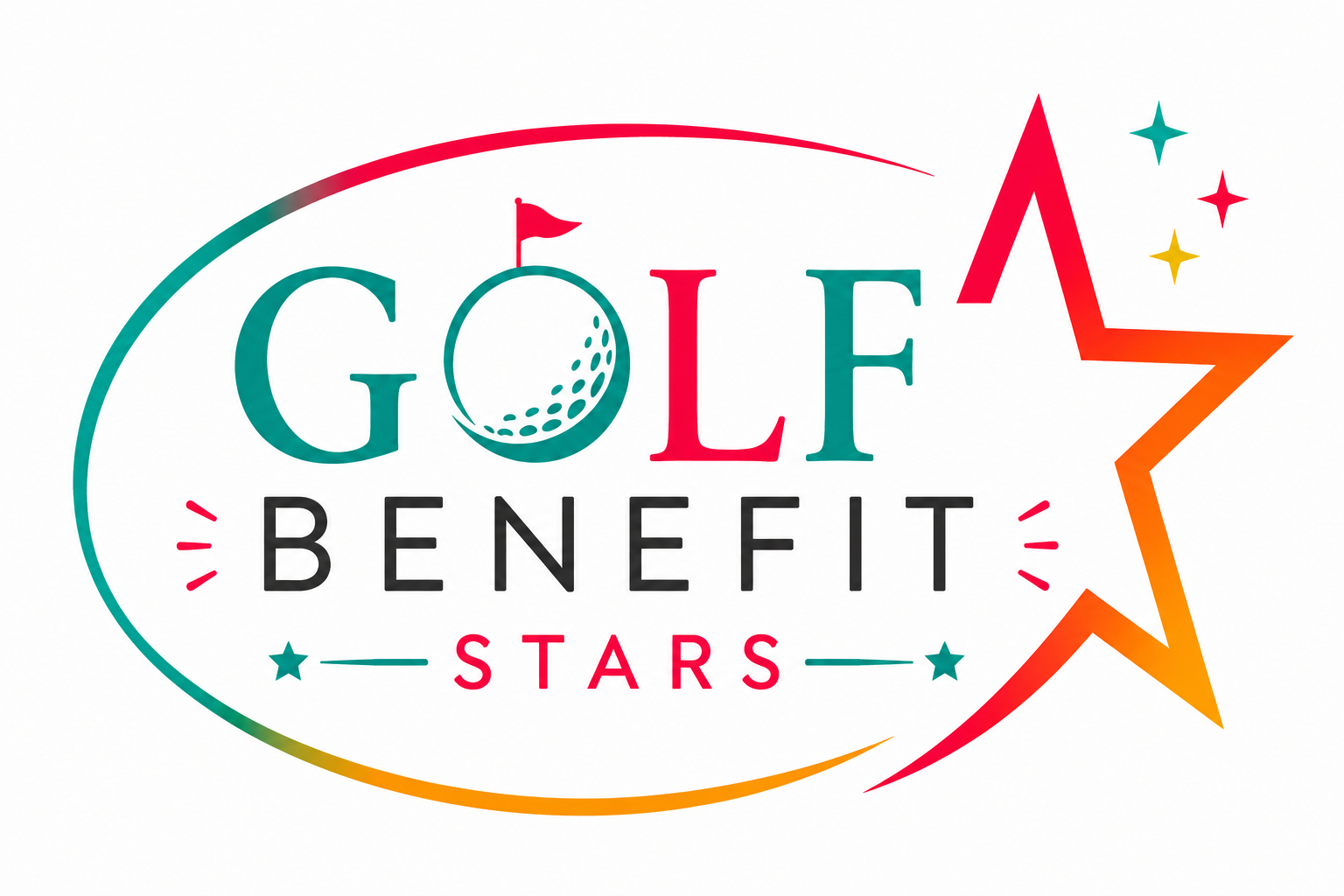 Golf Benefit Stars logo with colorful typography, golf ball motif, and star accents